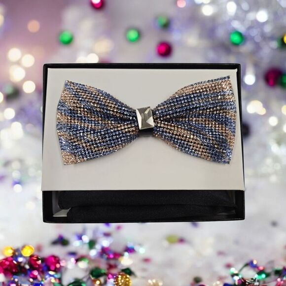 MEN'S MULTI-COLOR GLITTER RHINESTONE  BOW TIE & POCKET SQUARE BY EJ SAMUEL SBT63 - Picture 1 of 3